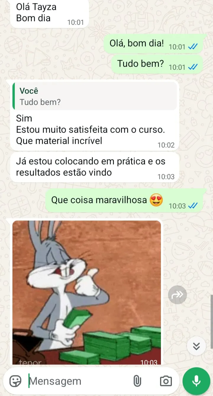 Quarto depoimento original de cliente, recebido pelo WhatsApp